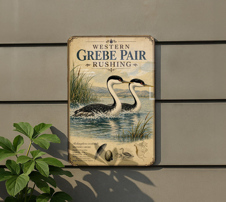 A vintage-style sign for Western Grebe, a type of water bird, is displayed on a wall.