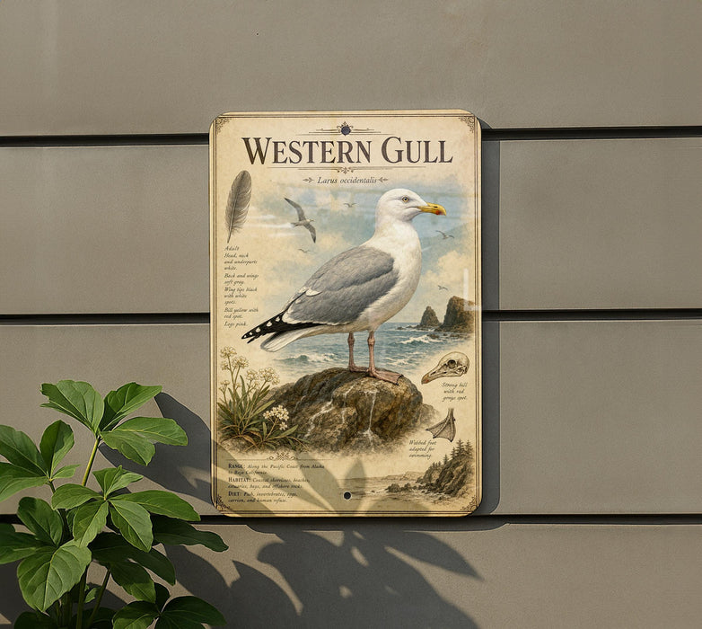 a sign for the Western Gull, which is a bird species. The sign is mounted on a wall and includes illustrations of the bird and its natural habitat.