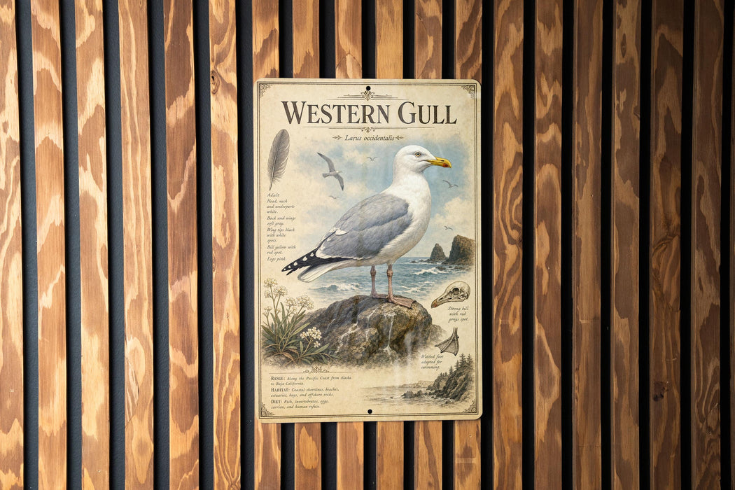 A vintage-style metal sign with a detailed illustration of a seagull, mounted on a wooden wall.