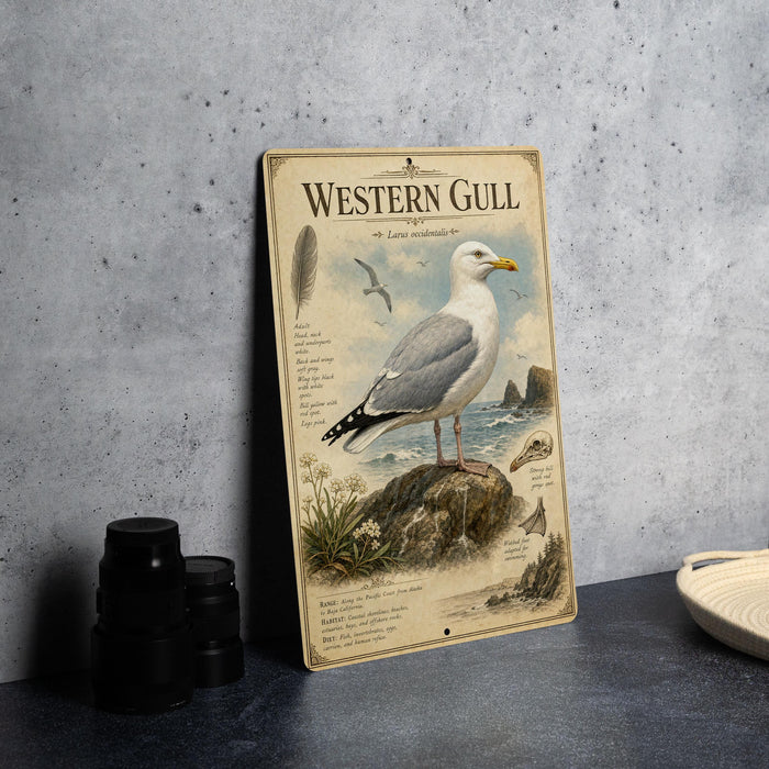 a metal sign with illustrations and text about the Western Gull, which is a bird species.