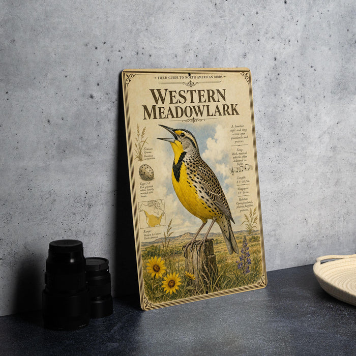a vintage-style poster of a Western meadowlark, a bird species native to North America, displayed on a wall.