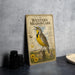 a vintage-style poster of a Western meadowlark, a bird species native to North America, displayed on a wall.