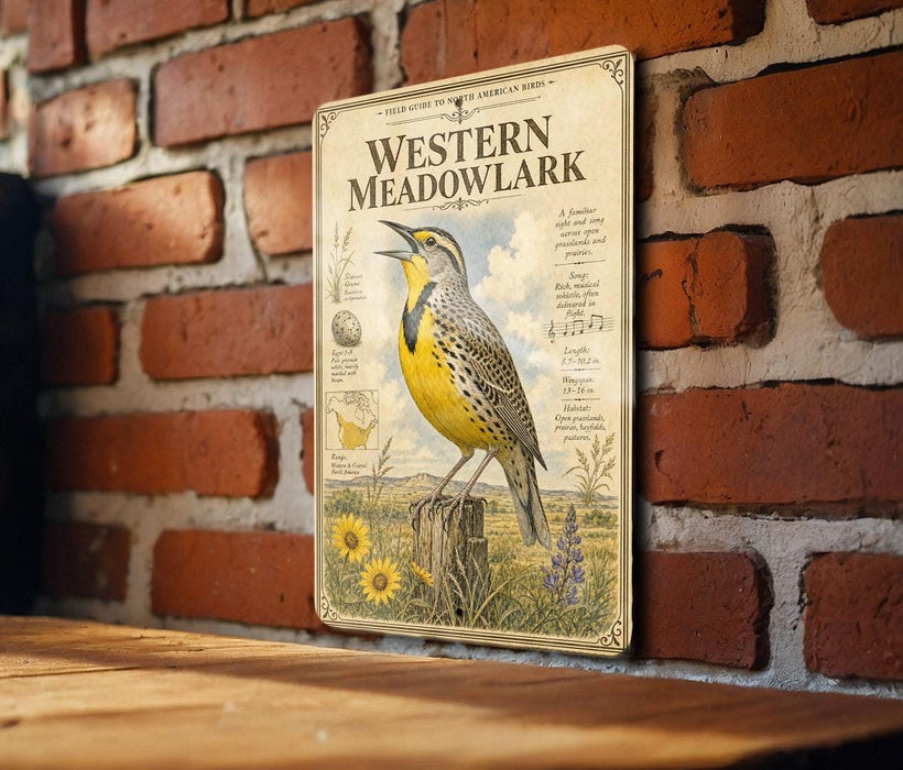 A vintage-style metal sign featuring a yellow bird, likely a meadowlark, perched on a wooden post against a brick wall.