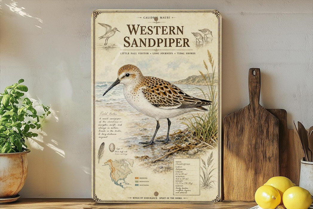 a vintage-style illustration of a Western Sandpiper bird on a shelf, surrounded by various kitchen utensils and a potted plant.