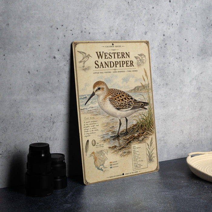 a metal plate with an illustration of a Western Sandpiper bird, along with various bird-related illustrations and text.