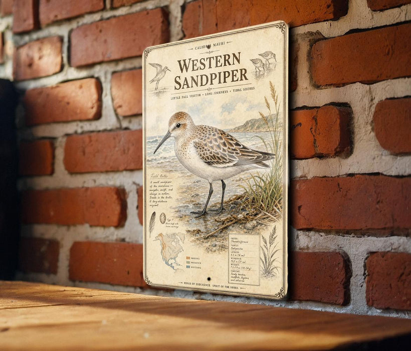 A metal sign with a bird illustration and text is mounted on a brick wall.
