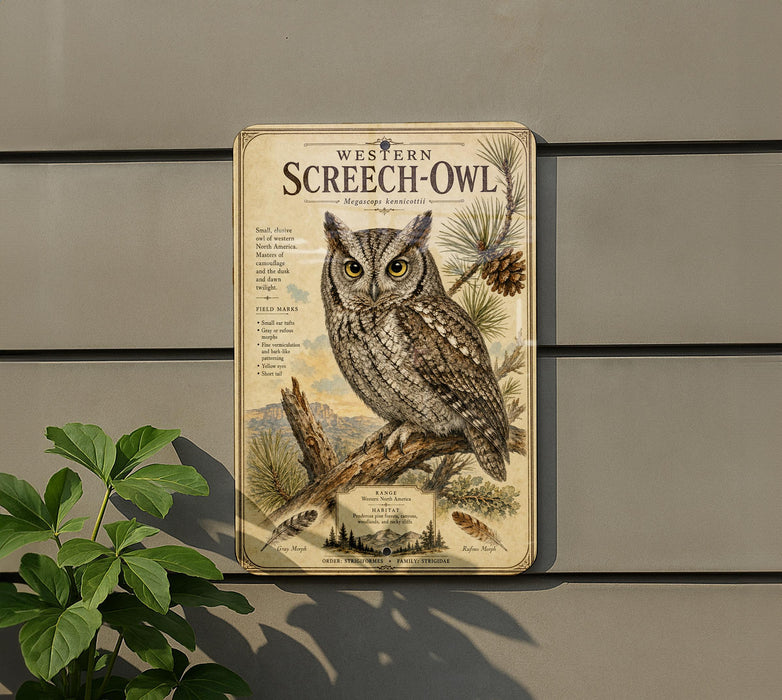a metal sign with an illustration of a Western Screech- Owl perched on a branch, surrounded by pine cones and pine needles.