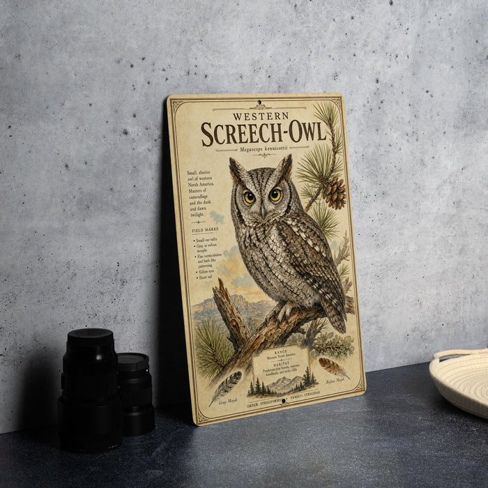 a vintage-style illustration of a Western Screech- Owl on a wooden frame, with a textured background depicting a forest scene.