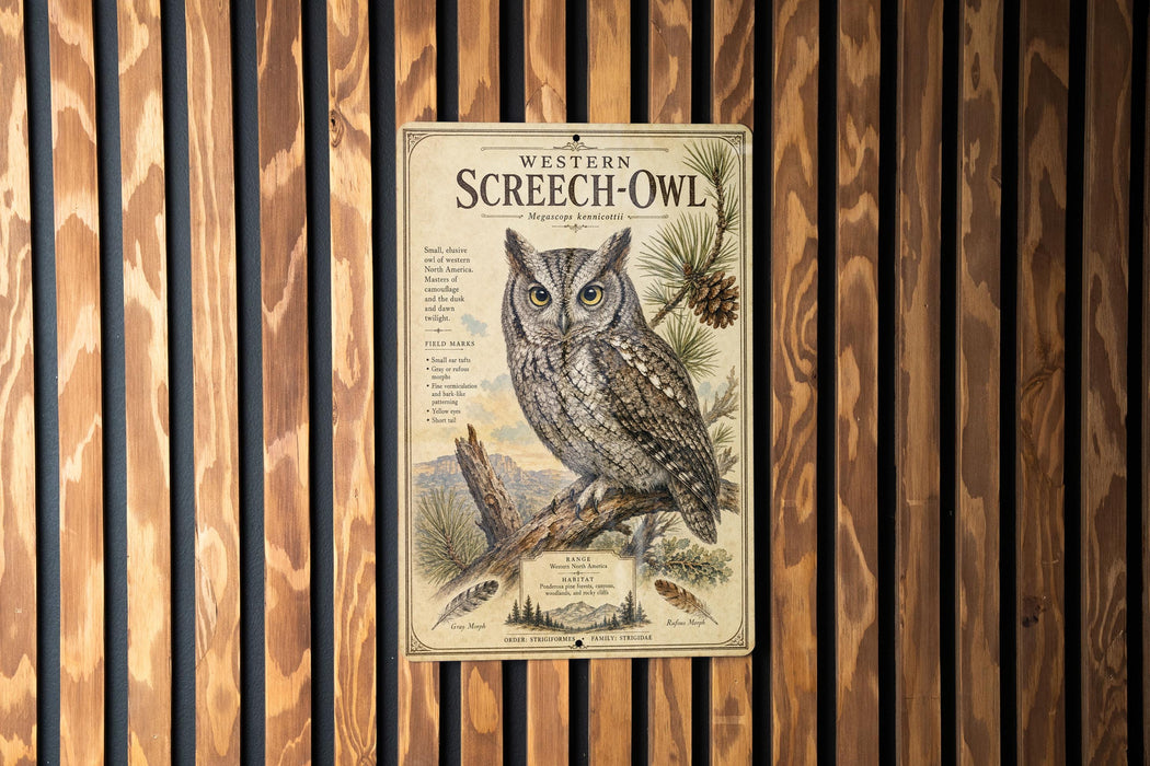 a poster of a Western Screech- Owl, which is a type of owl native to North America. The poster is mounted on a wooden wall with vertical slats.