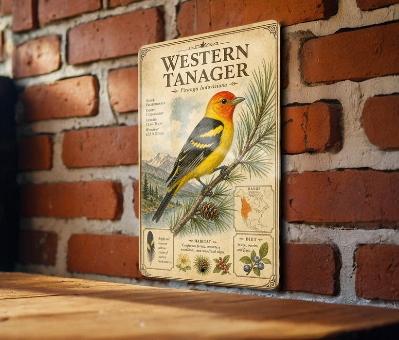 a vintage-style metal sign with a colorful illustration of a Western Tanager bird perched on a pine branch, mounted on a brick wall.