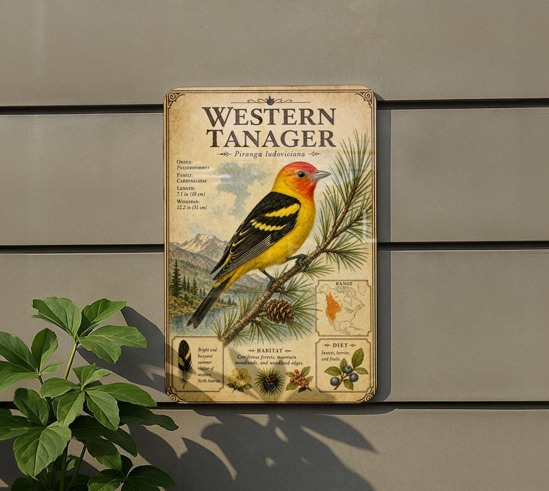 A vintage-style metal sign with illustrations and text about the Western Tanager, a bird species, mounted on a wall.