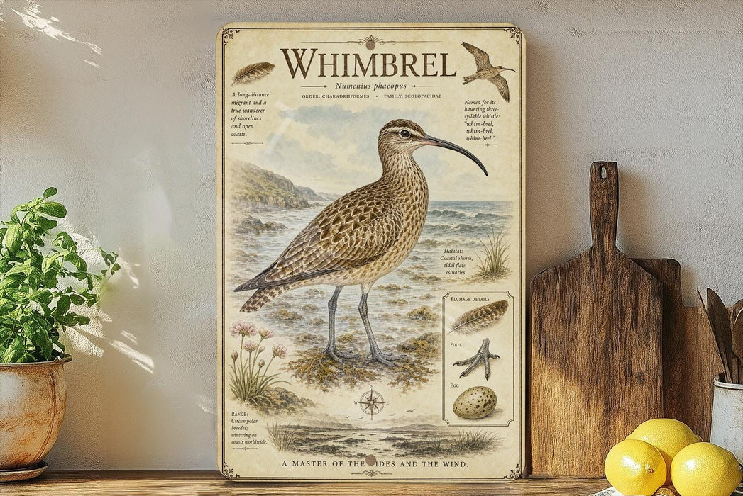 A vintage-style illustration of a Whimbrel, a wading bird, is displayed on a wooden shelf next to a potted plant and a wooden cutting board.