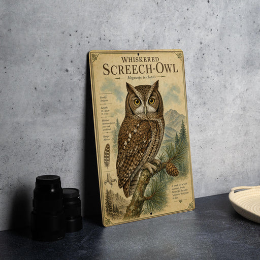 a metal sign with an illustration of a whiskered owl perched on a branch, accompanied by text and various bird illustrations.