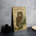 a metal sign with an illustration of a whiskered owl perched on a branch, accompanied by text and various bird illustrations.