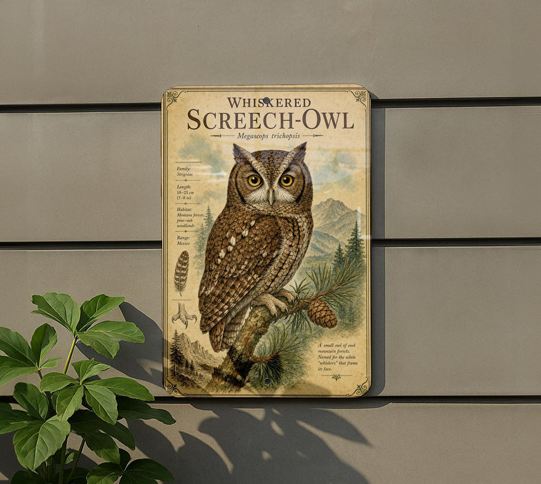 a metal sign with an illustration of a Whiskered Screech- Owl, which is a type of owl. The sign is mounted on a wall, and there is a plant to the left of the sign.