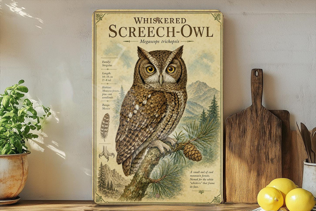 a poster of a Whiskered Screech- Owl, which is a large bird of prey, displayed on a shelf next to a wooden cutting board and some potted plants.