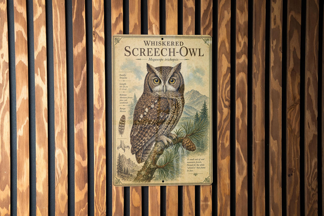 A metal sign with an illustration of a Whiskered Screech- Owl is mounted on a wooden wall.