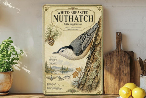 a vintage-style illustration of a white-breasted nuthatch perched on a tree branch, accompanied by text describing the bird's features and habitat.
