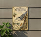 a vintage-style metal sign with a nuthatch illustration, mounted on a wall next to a plant.