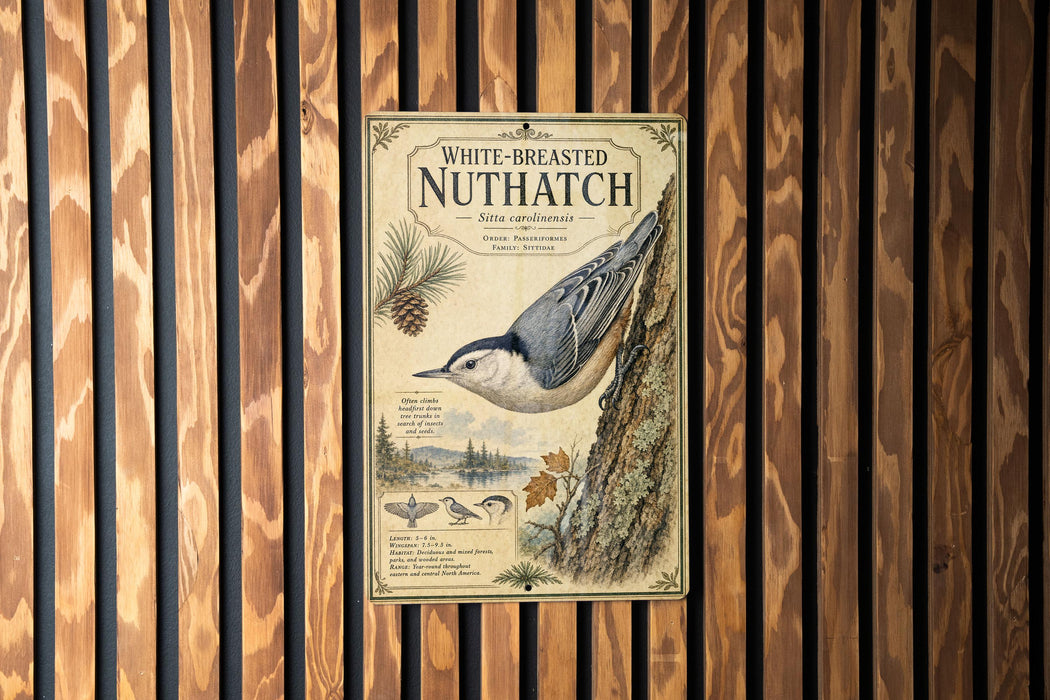A vintage-style poster of a white-breasted nuthatch hanging on a wooden wall.