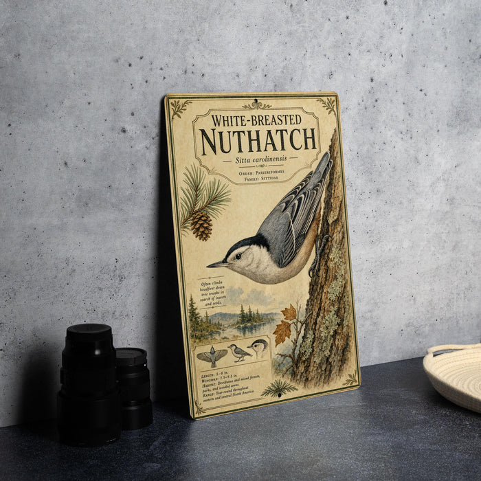 A vintage-style book or magazine cover titled "WHITE-BREasted NUTHATCH" with illustrations of a white-breasted nuthatch and pine cones.