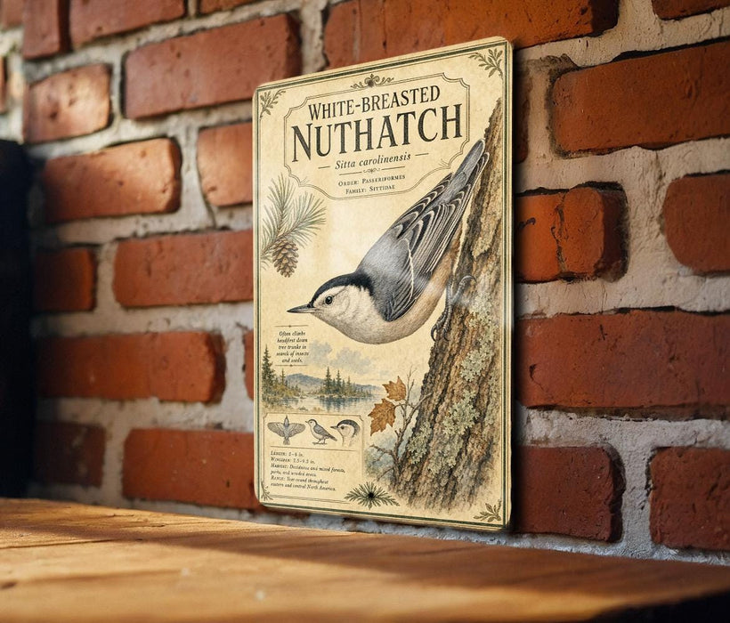 a vintage-style illustration of a white-breasted nuthatch perched on a tree branch, mounted on a brick wall.