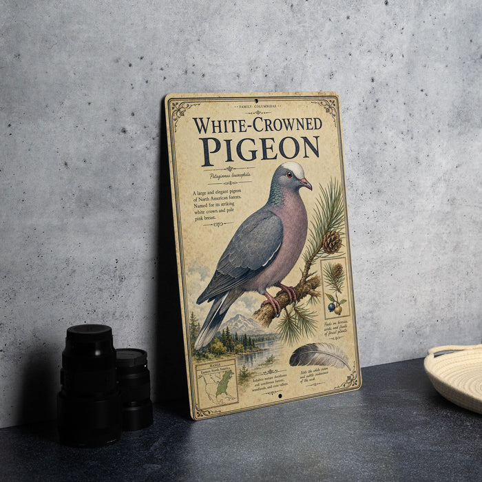 A vintage-style illustration of a white-crowned pigeon on a branch, accompanied by text and a map, is displayed on a wall.