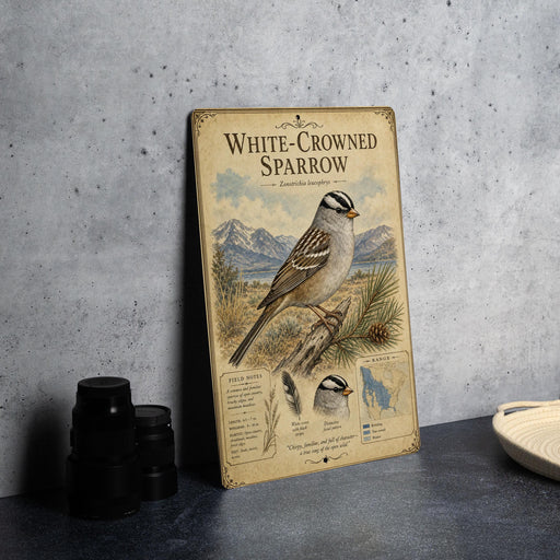 A vintage-style metal plaque depicting a white-crowned sparrow, with a detailed illustration and accompanying text.