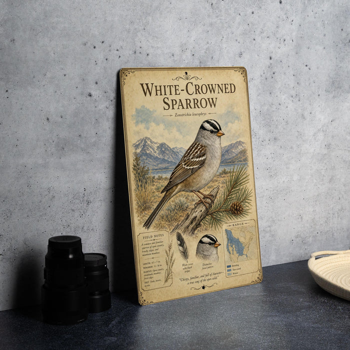 A vintage-style metal plaque depicting a white-crowned sparrow, with a detailed illustration and accompanying text.