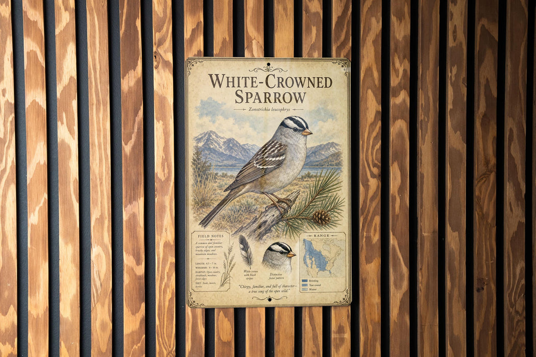 a poster of a white-crowned sparrow, which is mounted on a wooden wall.