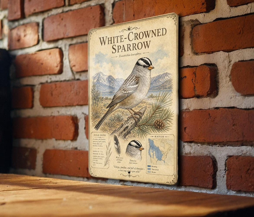 a vintage-style metal sign with an illustration of a white-crowned sparrow, mounted on a brick wall.
