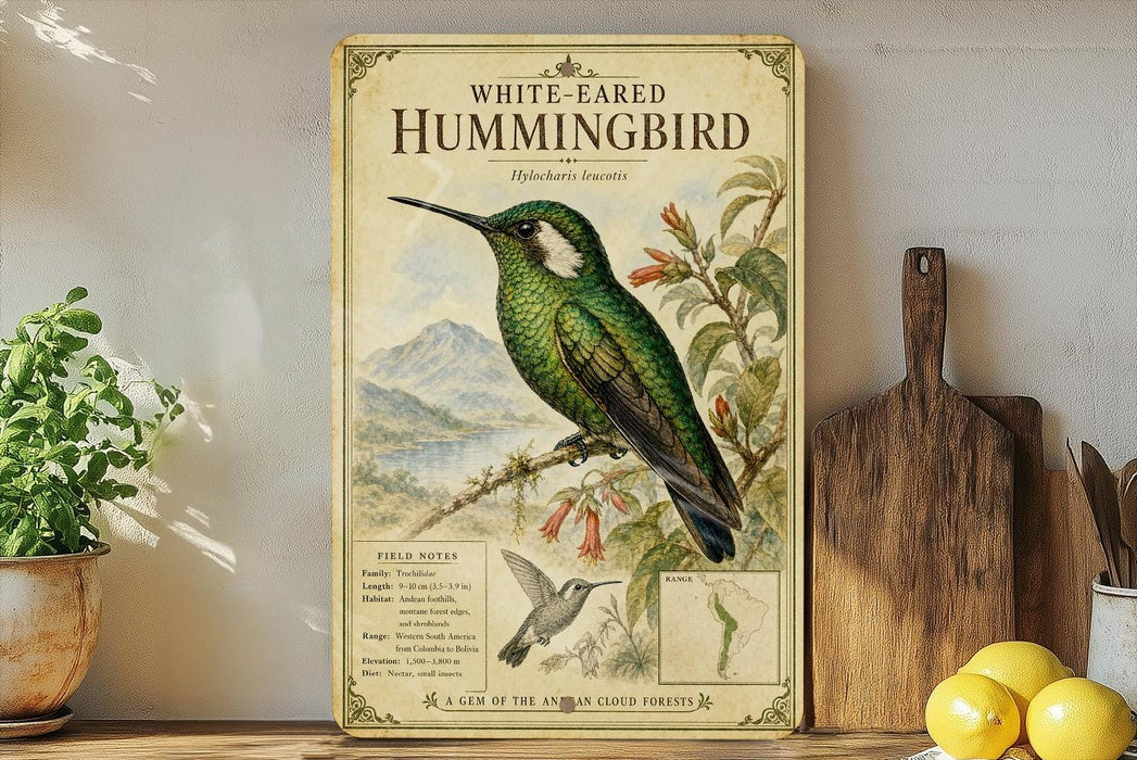 A vintage-style poster of a white-billed hummingbird is displayed on a shelf, accompanied by a wooden cutting board, a potted plant, and some lemons.