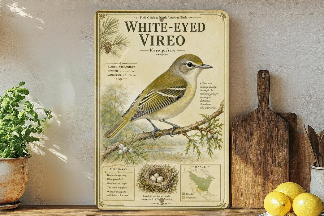 a vintage-style poster or painting of a white-eyed vireo bird perched on a branch, surrounded by various bird-related elements such as a map, a nest, and a field guide.