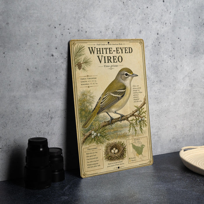 a vintage-style illustration of a White-eyed Vireo bird perched on a branch, accompanied by various bird-related illustrations and text.
