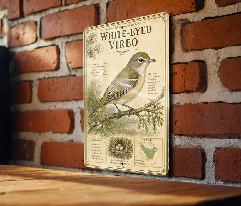 a vintage-style field guide to the White-Eyed Vireo, which is a small bird with a distinctive white face and yellowish wings. The guide is mounted on a brick wall, and it includes a detailed illustration of the bird perched on a branch. The guide provides information about the bird's habitat, behavior, and conservation status, making it an educational resource for bird enthusiasts.