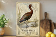 A vintage-style metal sign featuring an illustration of a white-faced ibis standing in a pond, surrounded by plants and a wooden paddle.