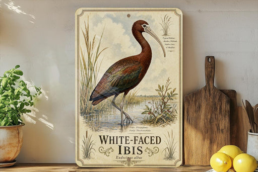 A vintage-style metal sign featuring an illustration of a white-faced ibis standing in a pond, surrounded by plants and a wooden paddle.