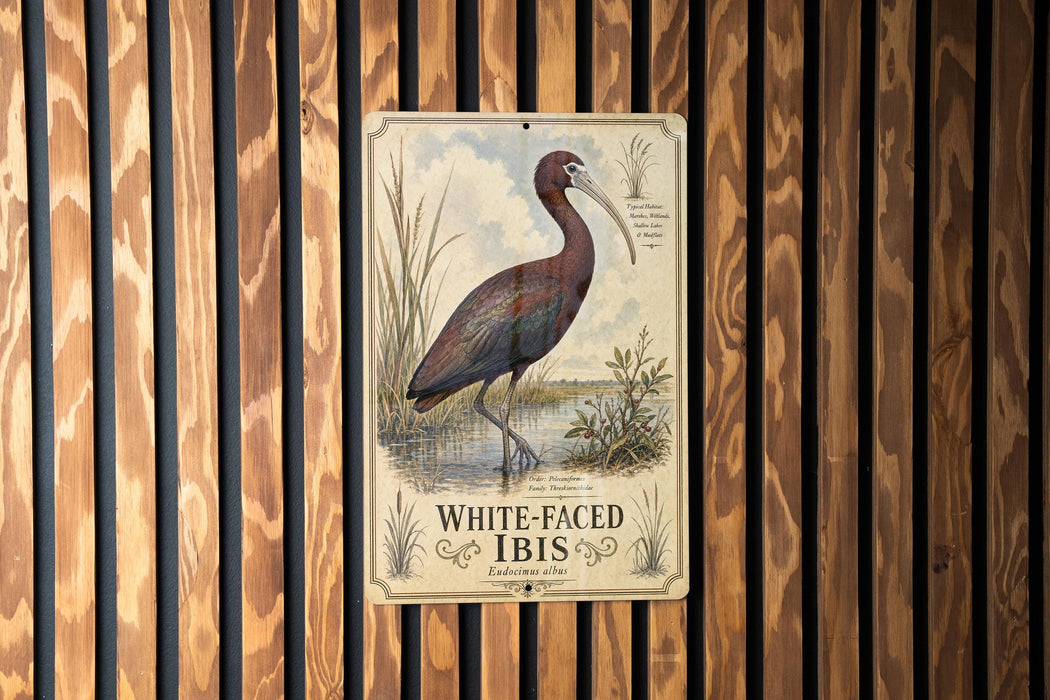 a vintage-style illustration of a white-faced ibis, a type of wading bird, standing in a marshy area with tall grasses and reeds.