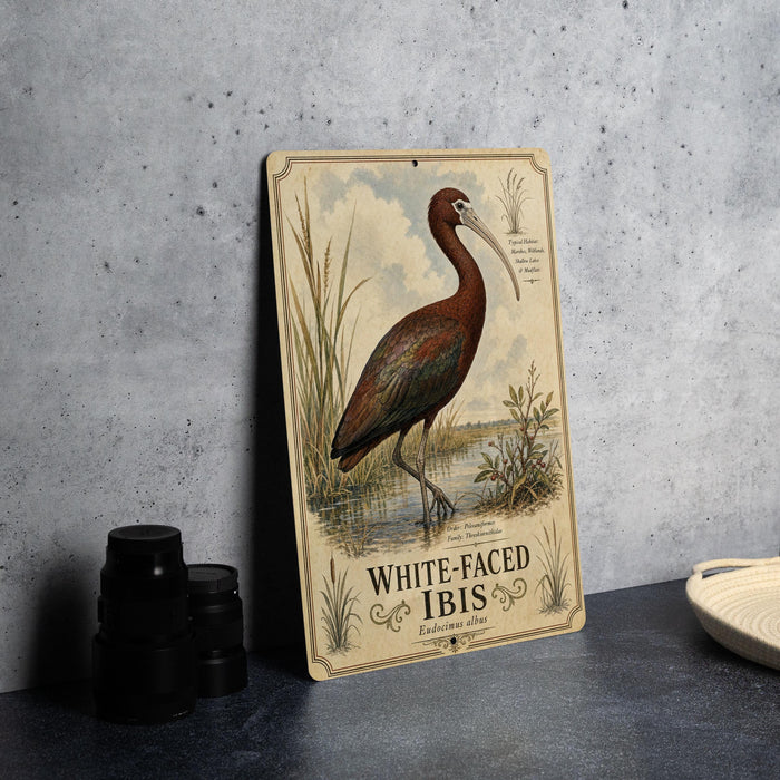 A vintage-style illustration of a white-faced ibis standing in a marshy area, with a caption that reads "White-faced Ibis".