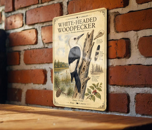 A vintage-style metal sign featuring an illustration of a white-headed woodpecker perched on a tree branch, with additional text and illustrations related to the bird.