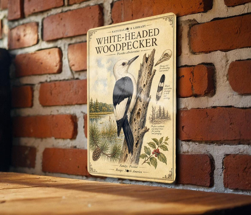 A vintage-style metal sign featuring an illustration of a white-headed woodpecker perched on a tree branch, with additional text and illustrations related to the bird.