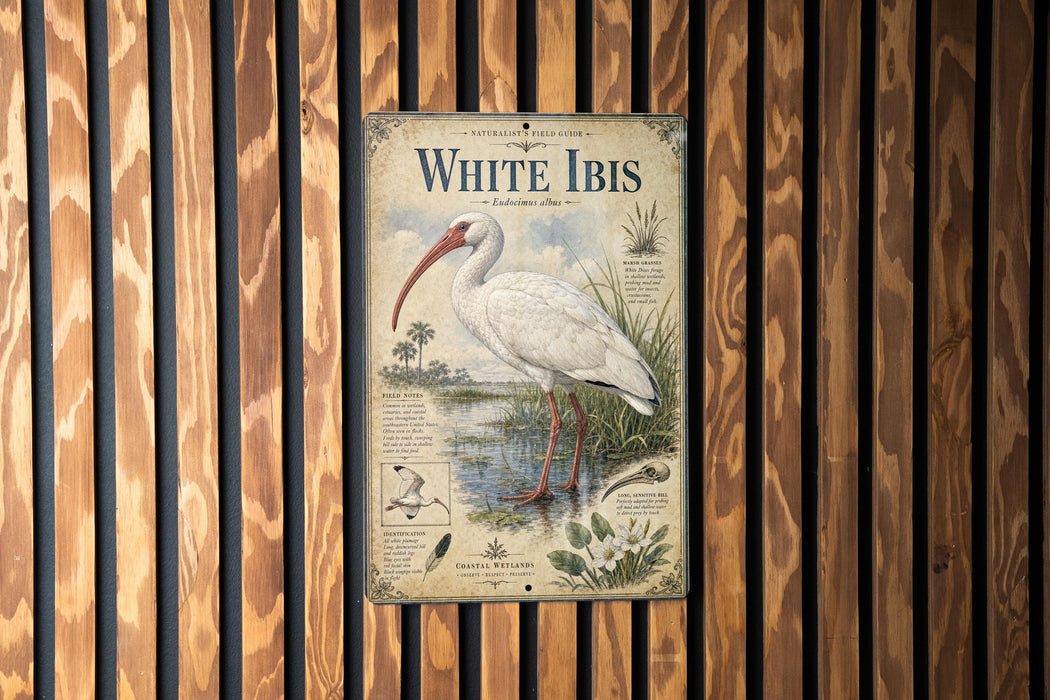 a vintage-style guide to the White Ibis, with a detailed illustration of the bird and its natural habitat.