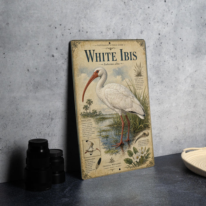 a metal plaque with an illustration of a white ibis standing in a body of water, surrounded by plants and other wildlife.