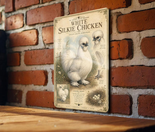 a vintage-style illustration of a white Silkie chicken, which is a breed of chicken known for its distinctive appearance and elegant demeanor. The illustration is mounted on a brick wall, and there is a wooden table below it. The image does not contain any text, and it does not depict any actions or movements.