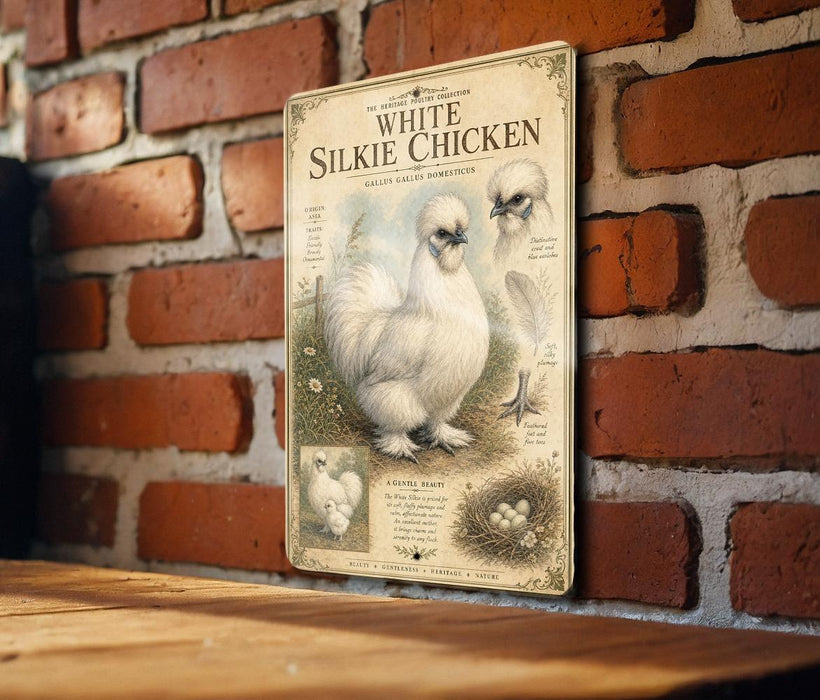 a vintage-style illustration of a white Silkie chicken, which is a breed of chicken known for its distinctive appearance and elegant demeanor. The illustration is mounted on a brick wall, and there is a wooden table below it. The image does not contain any text, and it does not depict any actions or movements.