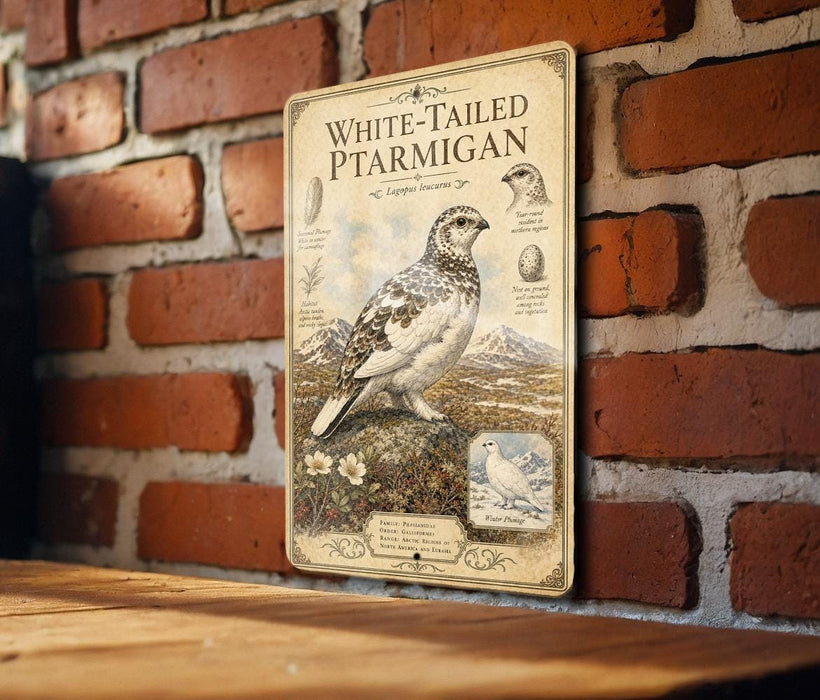 a vintage-style metal sign with a detailed illustration of a white-tailed pteranigan bird, mounted on a brick wall.