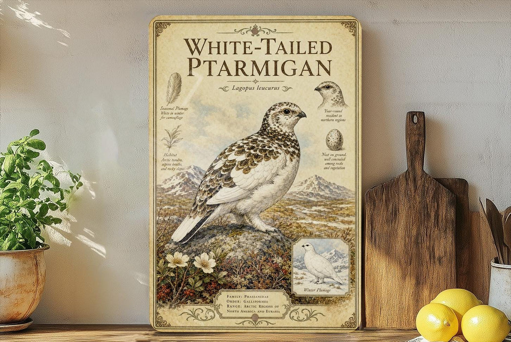 a decorative poster of a white-tailed pteraner, a bird species, displayed on a shelf next to a wooden cutting board and some potted plants.