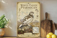 a decorative poster of a white-tailed pteraner, a bird species, displayed on a shelf next to a wooden cutting board and some potted plants.