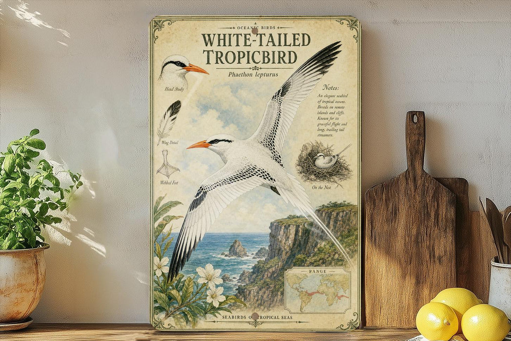 a vintage-style poster of a white-tailed tropical bird, with illustrations and text providing information about the bird.