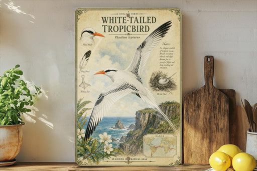a vintage-style poster of a white-tailed tropical bird, with illustrations and text providing information about the bird.